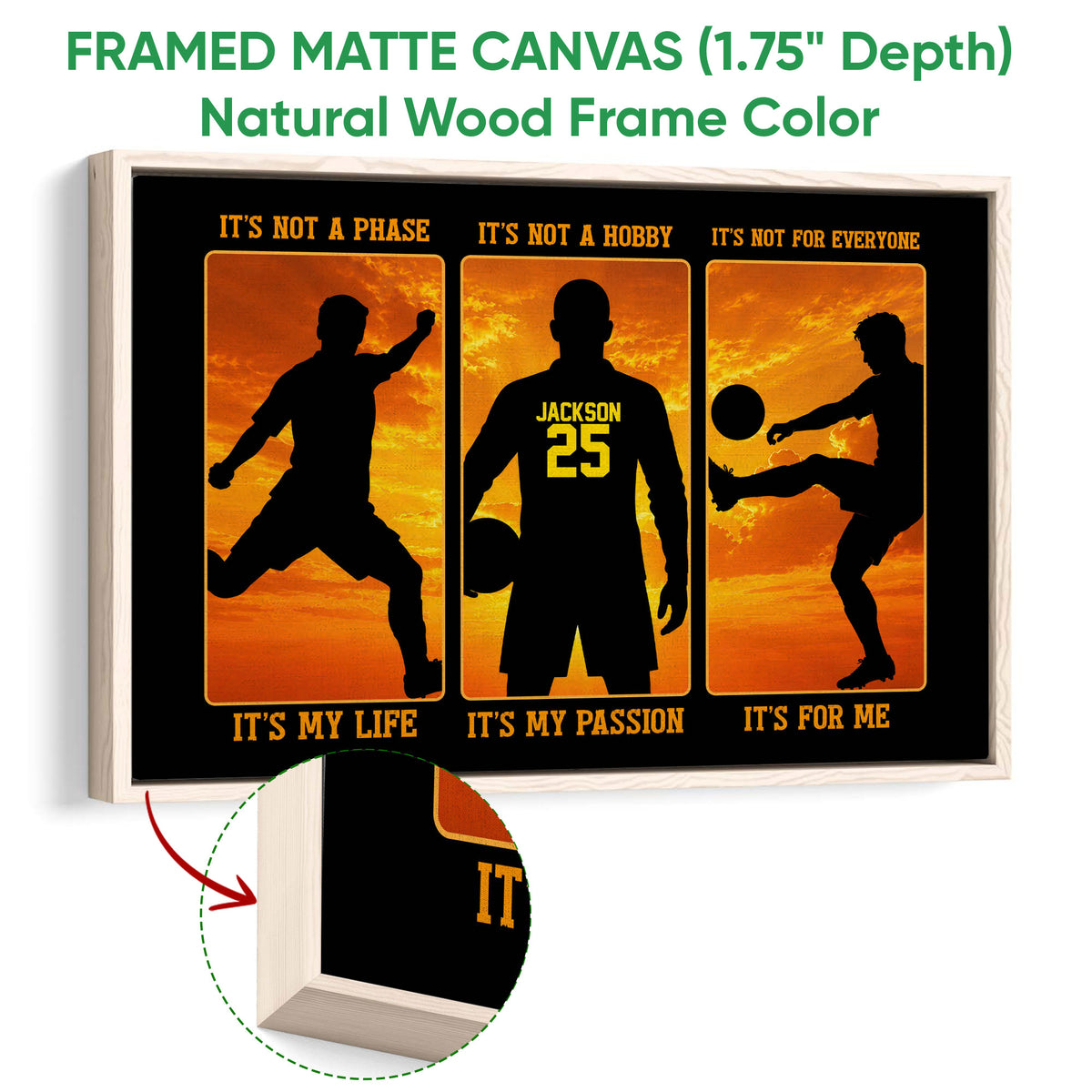 Natural wood framed soccer wall art displaying three silhouetted players in action