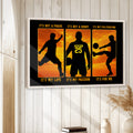 Framed soccer wall art displayed on a light wood-paneled wall in a bright home interior