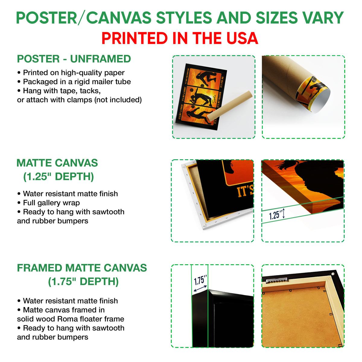 Poster and canvas wall art options guide showing selectable formats and presentation styles