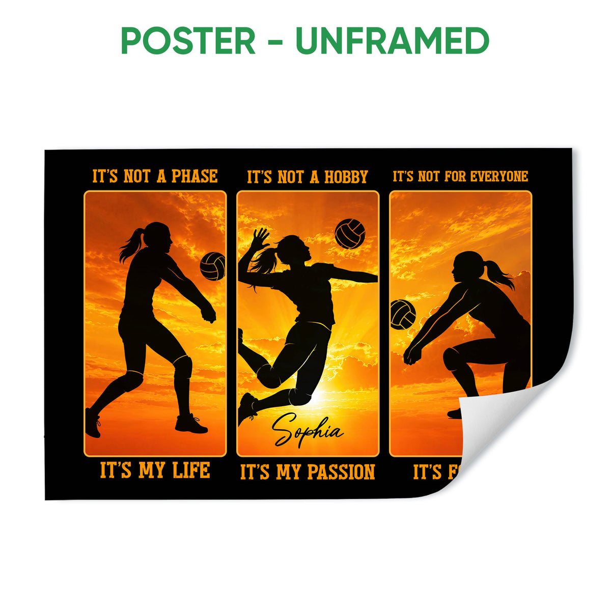 Unframed volleyball poster featuring three silhouetted players and orange sunset artwork