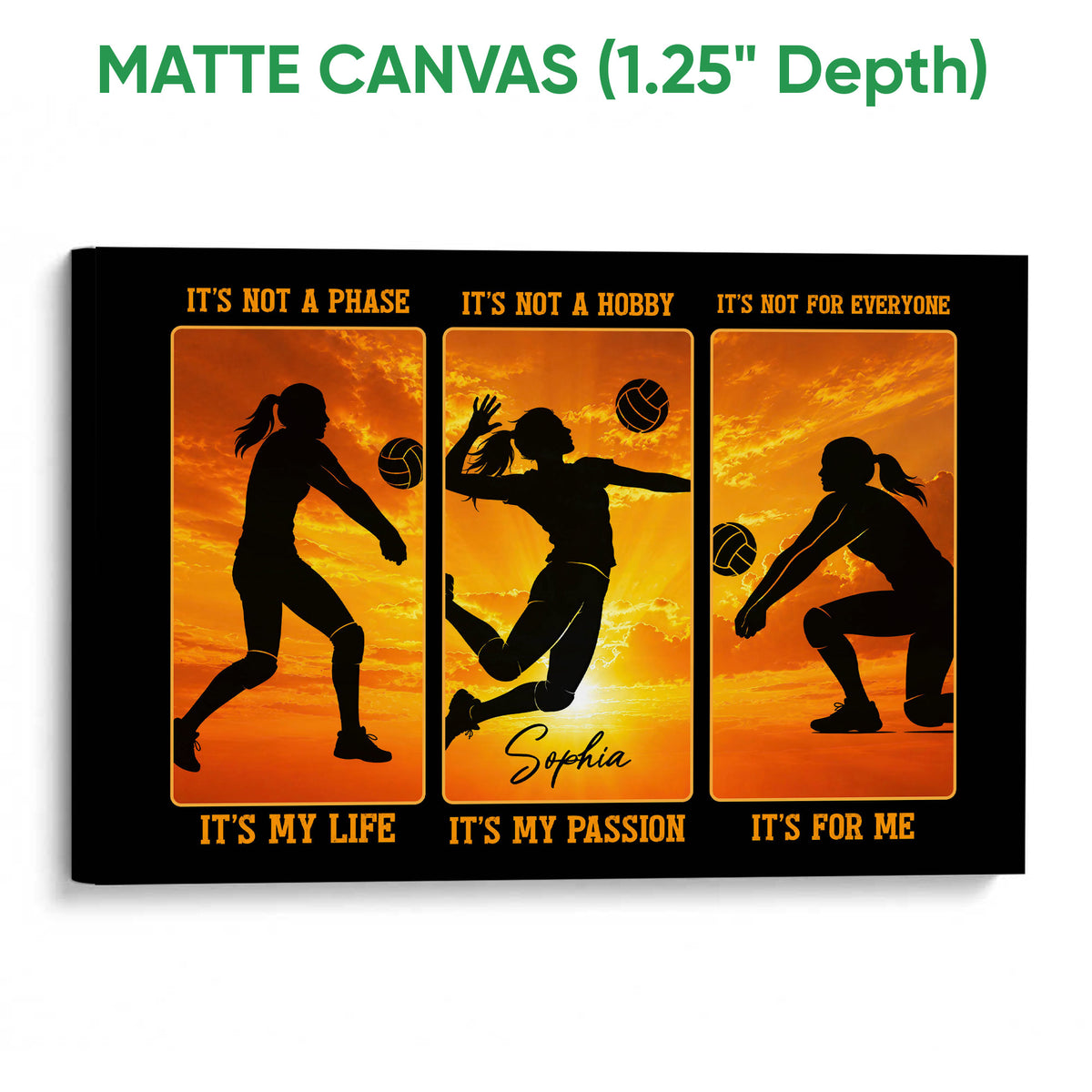 Matte canvas volleyball wall art with silhouetted players, volleyballs, and sunset colors