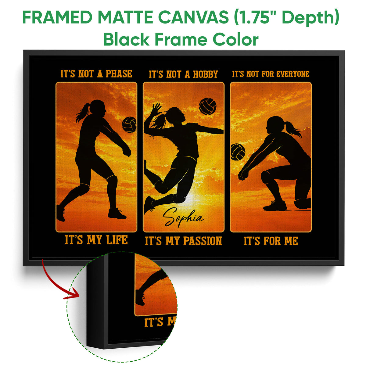 Black framed volleyball canvas featuring three player silhouettes and bold orange artwork