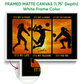 White framed volleyball wall art with silhouetted players against a glowing orange sky