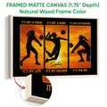 Natural wood framed volleyball canvas displaying silhouettes, volleyballs, and sunset imagery
