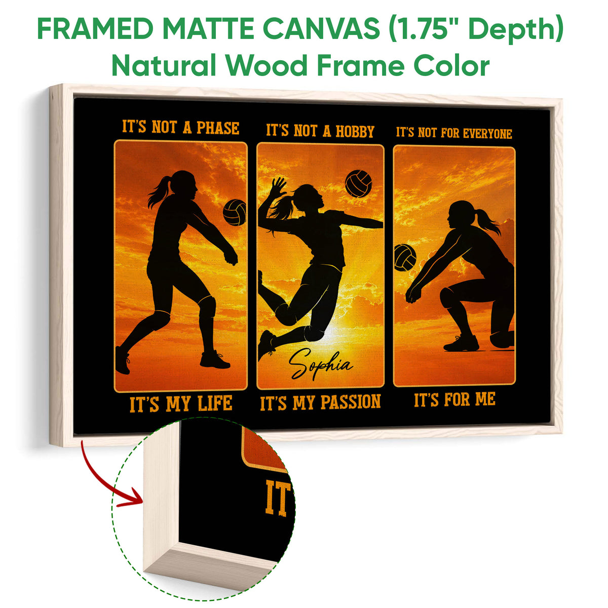 Natural wood framed volleyball canvas displaying silhouettes, volleyballs, and sunset imagery