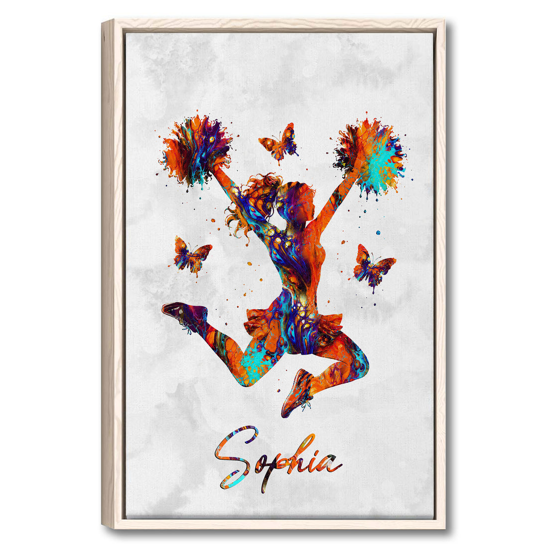 Framed cheerleading wall art showing a colorful cheerleader with pom-poms and butterflies