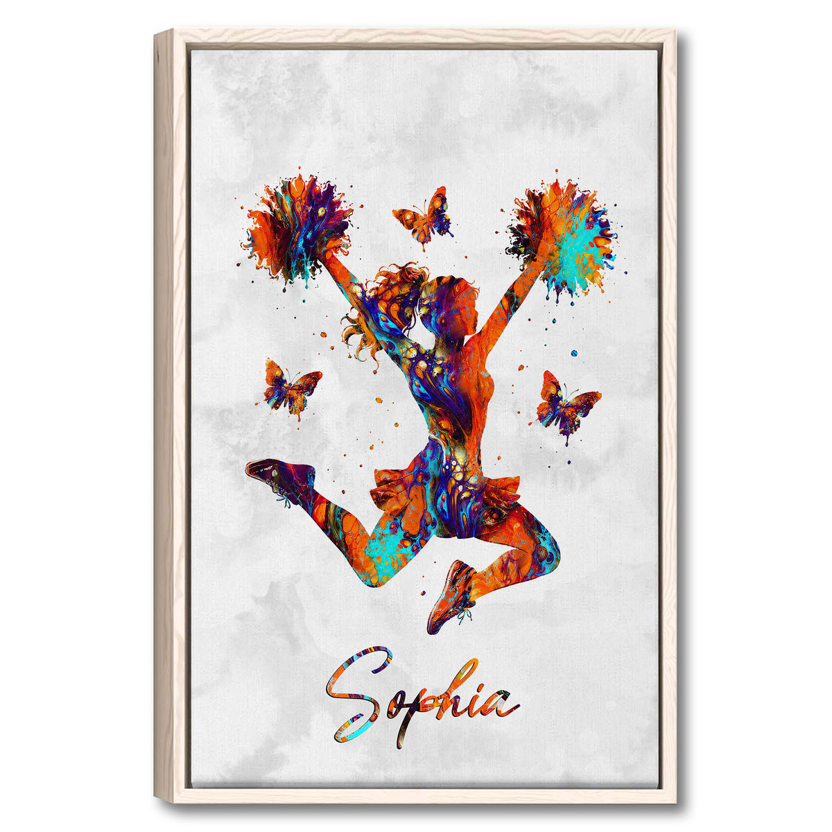 Framed cheerleading wall art showing a colorful cheerleader with pom-poms and butterflies