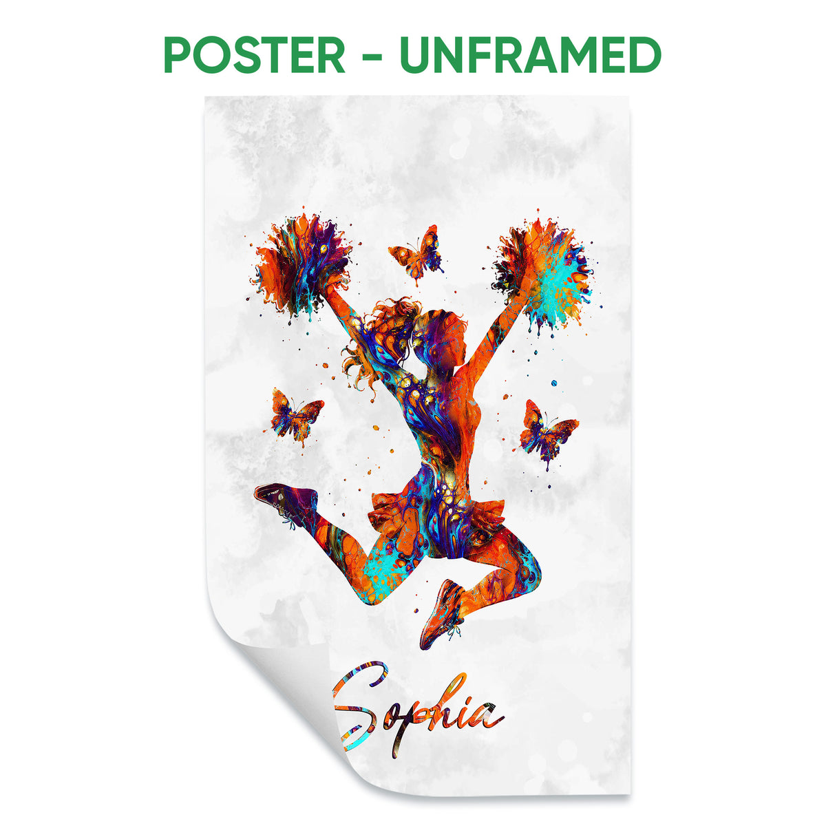 Unframed poster featuring a vibrant cheerleader with pom-poms and colorful butterflies