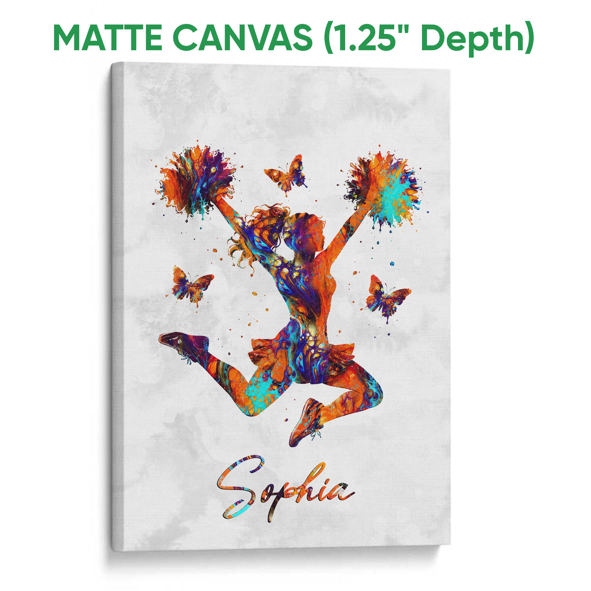 Matte canvas wall art featuring a colorful cheerleader in a dynamic jump with pom-poms