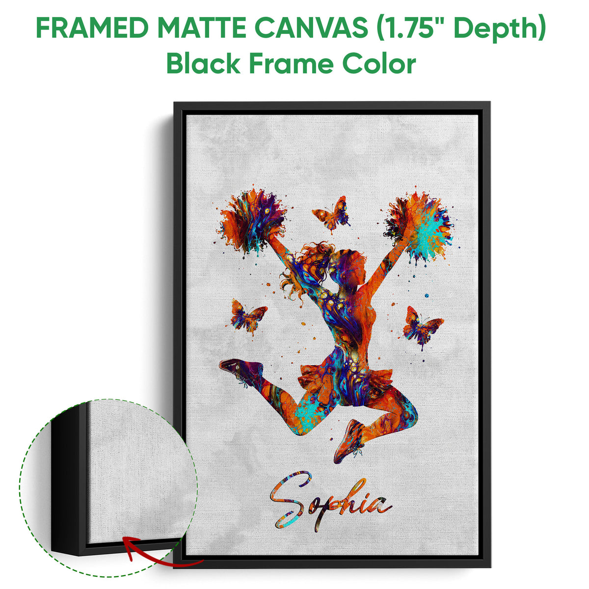 Black framed canvas wall art with a vibrant cheerleader, pom-poms and butterfly accents