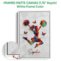 White framed canvas wall art displaying a colorful cheerleader in a high-energy pose
