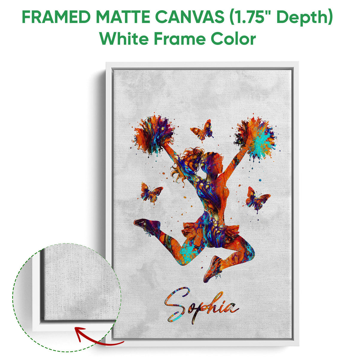 White framed canvas wall art displaying a colorful cheerleader in a high-energy pose
