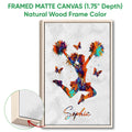 Natural wood framed cheerleading wall art with colorful pom-poms and butterfly details