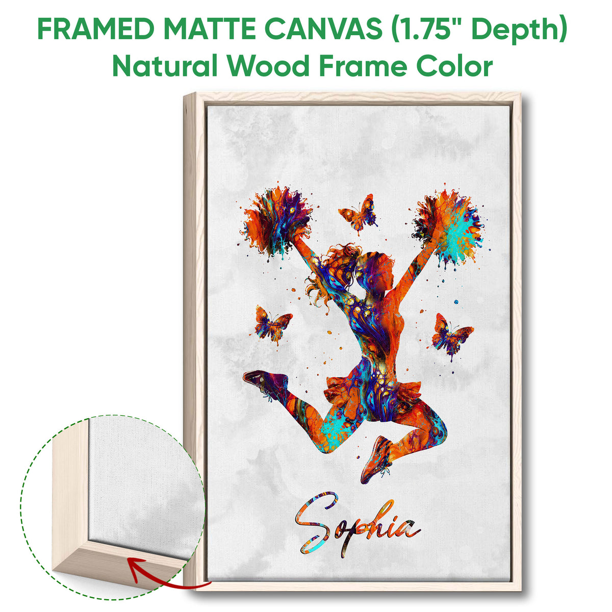Natural wood framed cheerleading wall art with colorful pom-poms and butterfly details