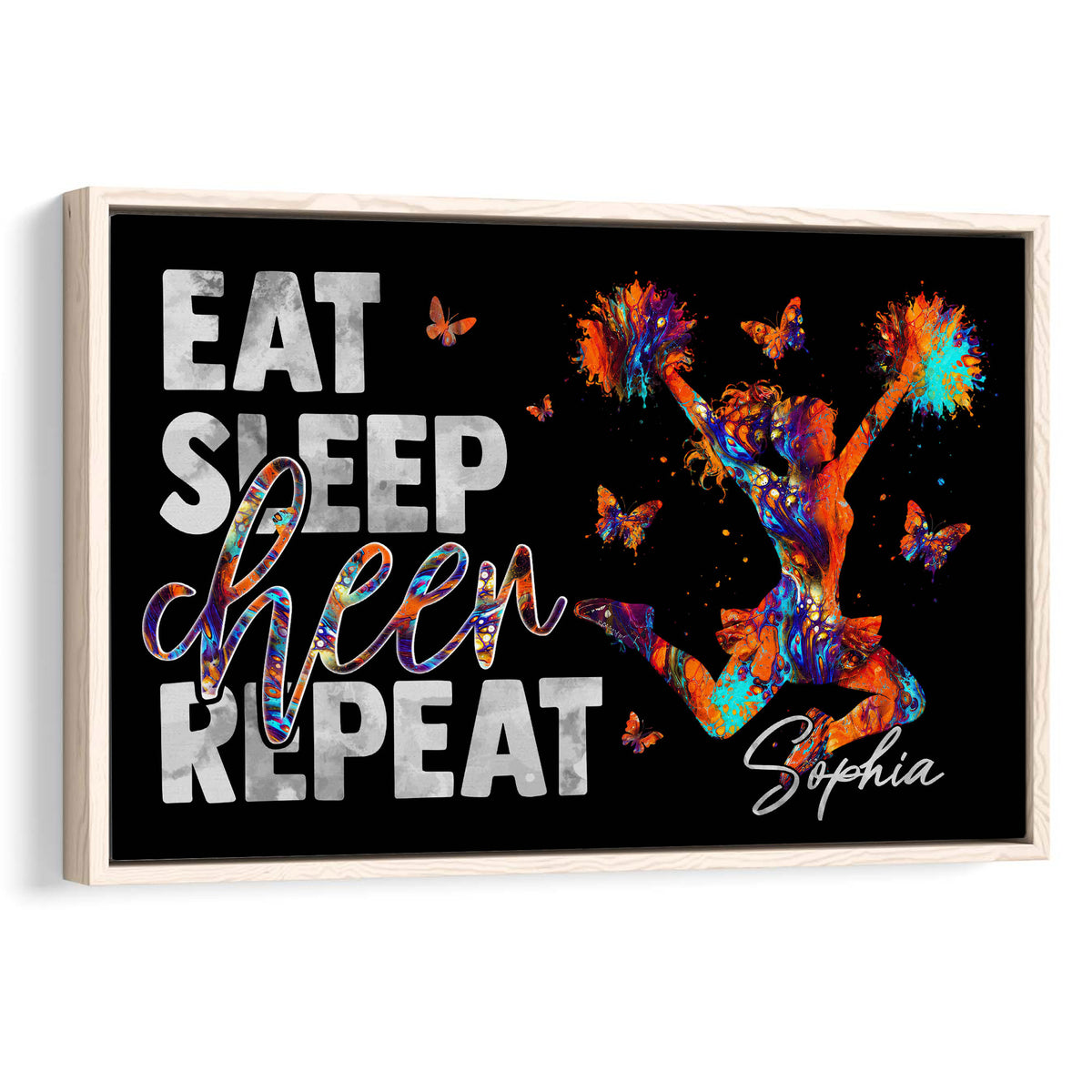 Framed cheerleading wall art featuring a colorful cheerleader, butterflies, and motivational lettering on black