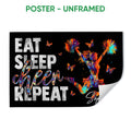 Unframed cheerleading poster with a colorful cheerleader, butterflies, black background, and motivational lettering