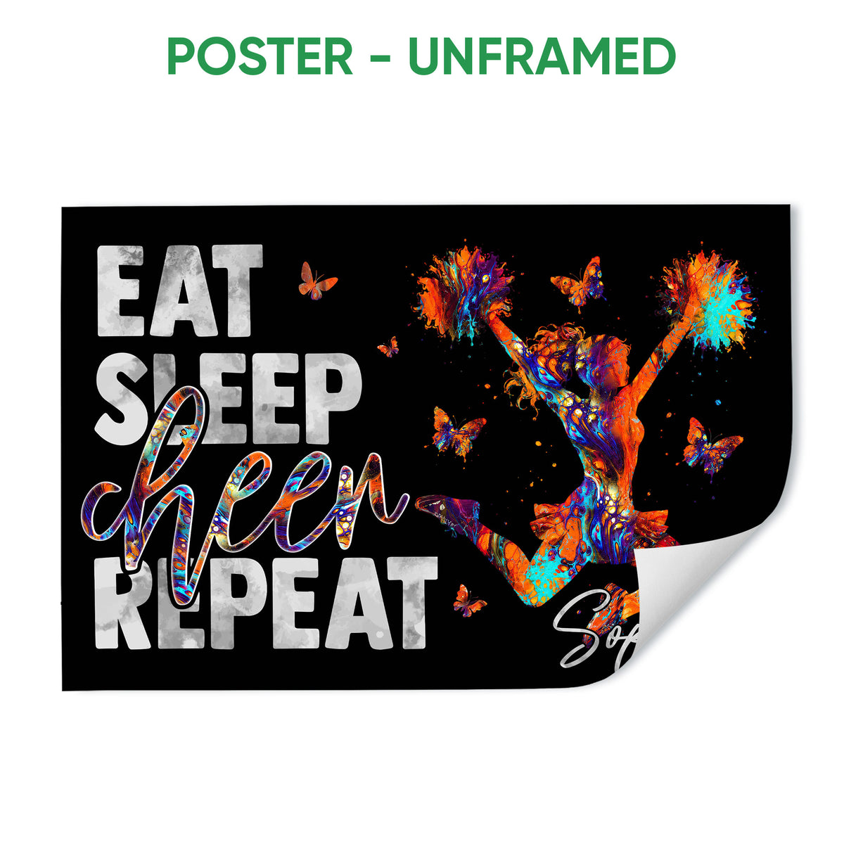 Unframed cheerleading poster with a colorful cheerleader, butterflies, black background, and motivational lettering