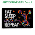 Matte canvas cheerleading wall art featuring a vibrant cheerleader design with colorful paint effects