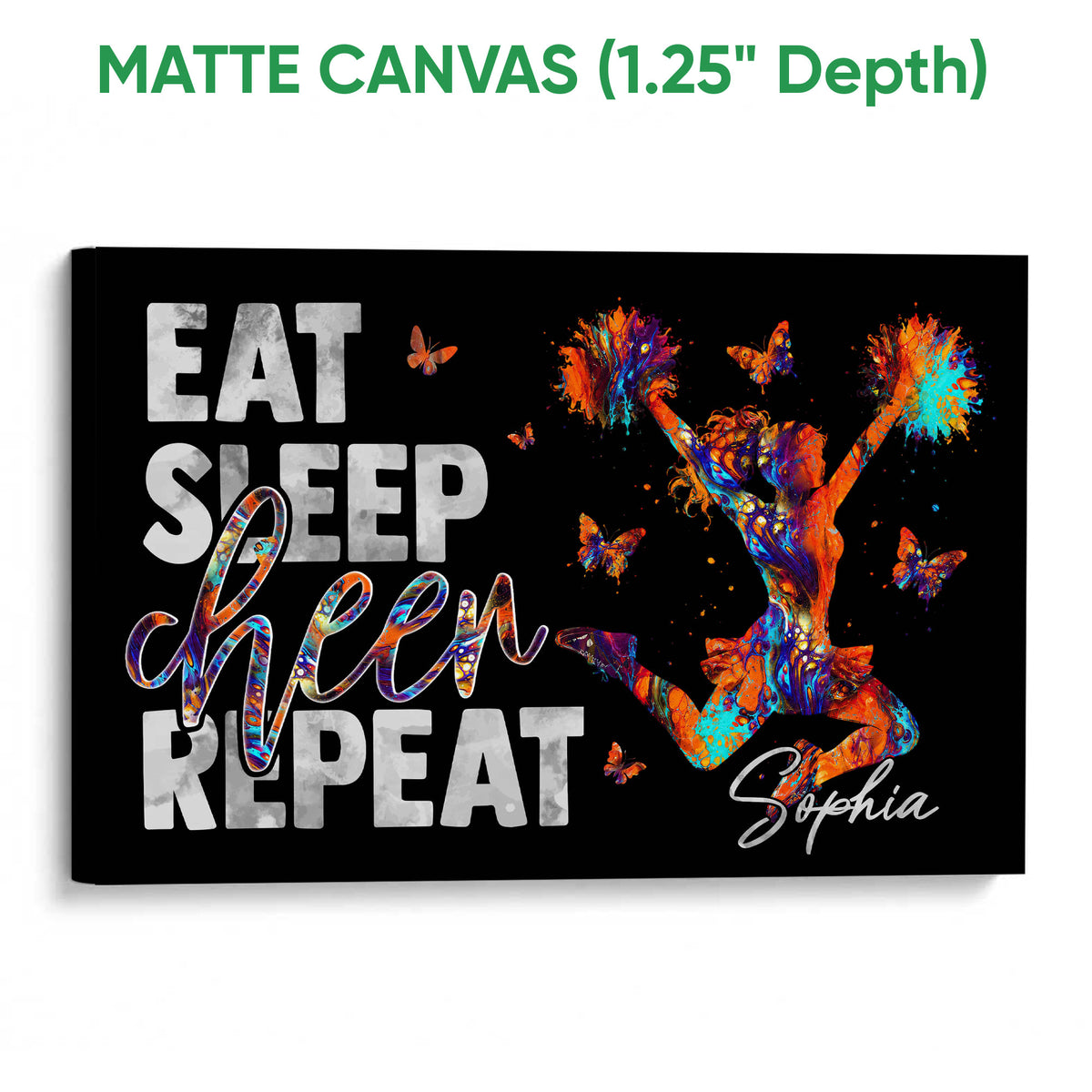 Matte canvas cheerleading wall art featuring a vibrant cheerleader design with colorful paint effects