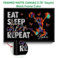 Black framed canvas cheerleading wall art with a colorful cheerleader and bold motivational lettering