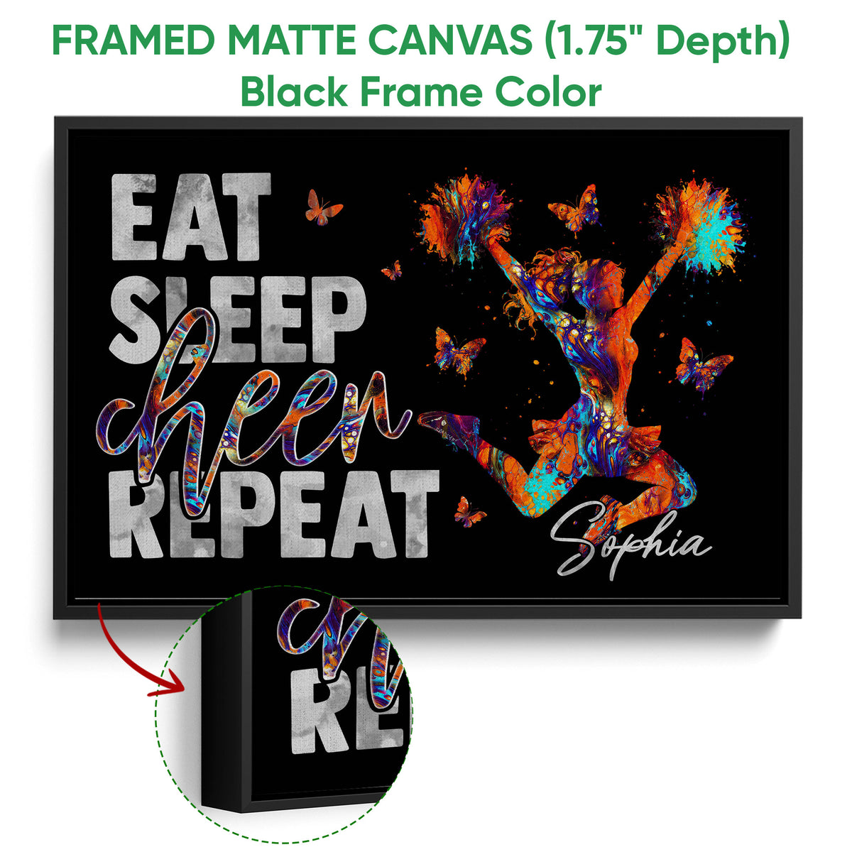 Black framed canvas cheerleading wall art with a colorful cheerleader and bold motivational lettering