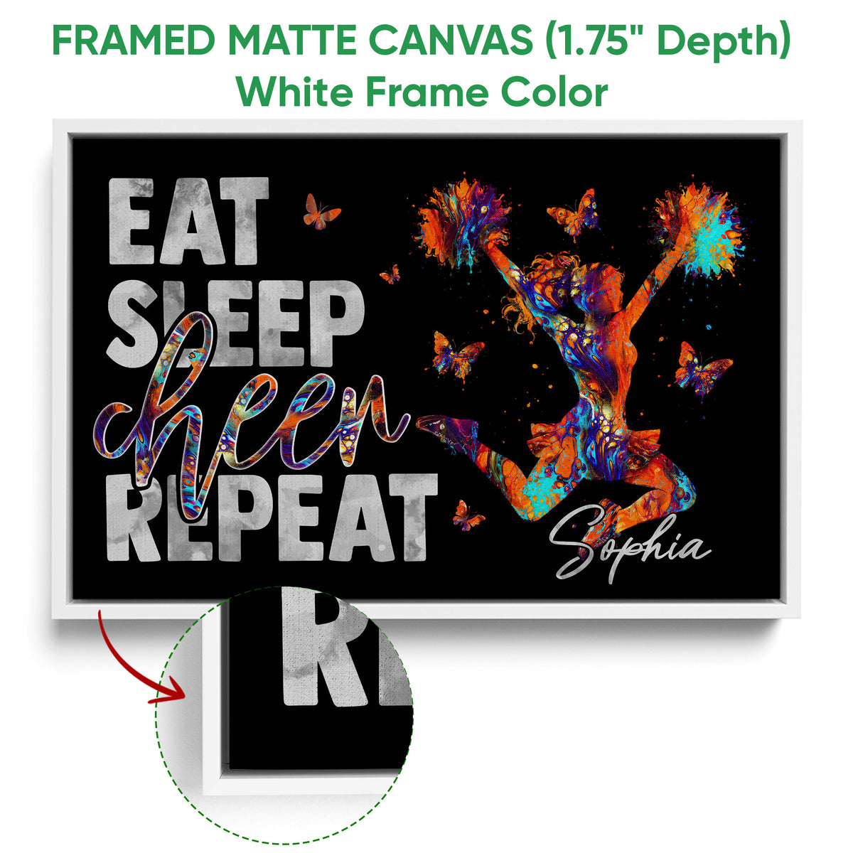 White framed canvas cheerleading wall art featuring a colorful cheerleader, butterflies, and black background