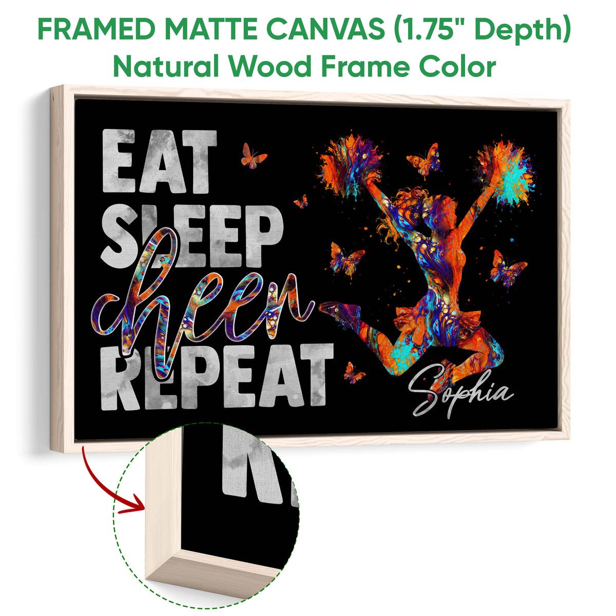 Natural wood framed cheerleading wall art with a colorful cheerleader and vibrant butterfly accents