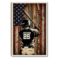 Framed baseball wall art showing a batter against a rustic American flag background