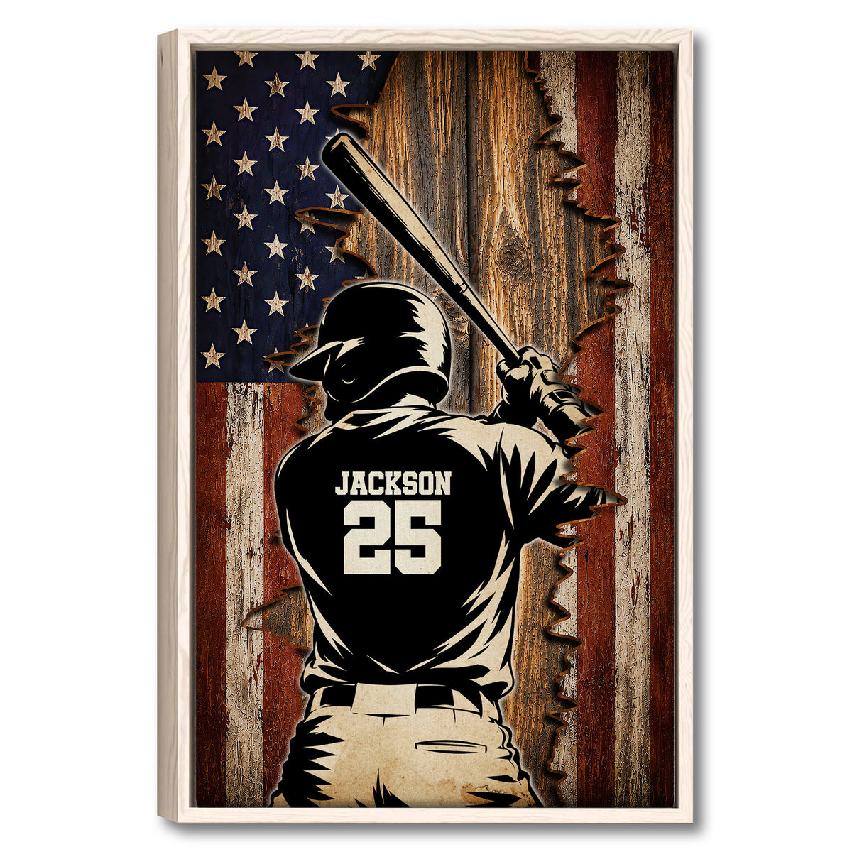 Framed baseball wall art showing a batter against a rustic American flag background