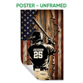 Unframed baseball poster featuring a batter and bat over a rustic patriotic background