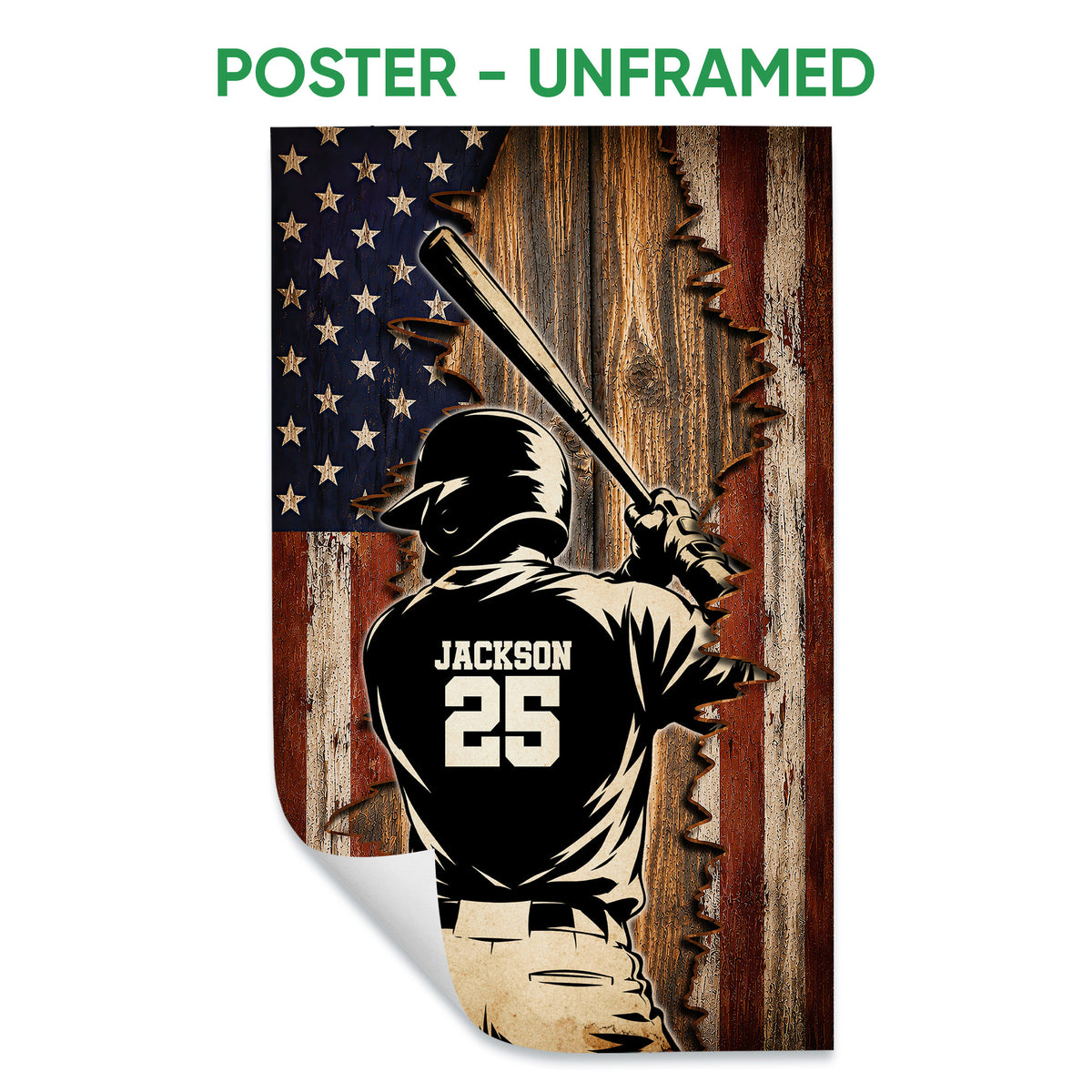 Unframed baseball poster featuring a batter and bat over a rustic patriotic background