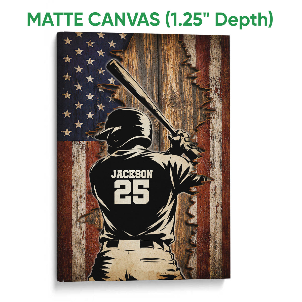 Matte canvas baseball wall art featuring a batter, bat and distressed patriotic design