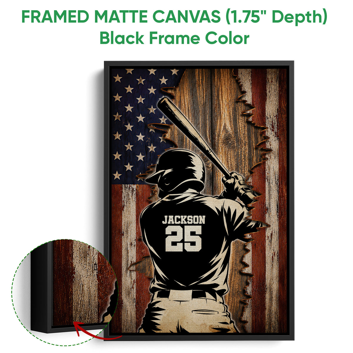 Black framed canvas baseball wall art with a close-up view of the raised frame edge