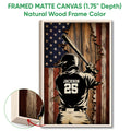 Natural wood framed canvas baseball wall art with a close-up of the frame profile
