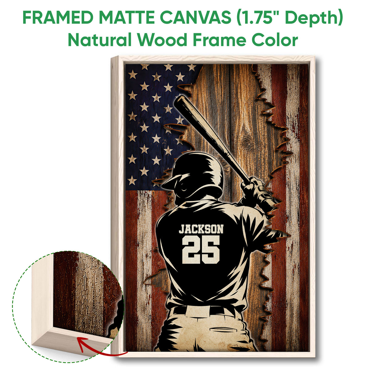 Natural wood framed canvas baseball wall art with a close-up of the frame profile