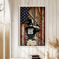 Patriotic baseball wall art displayed in a bright room with white wood paneling