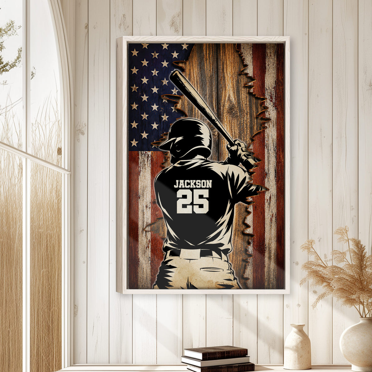 Patriotic baseball wall art displayed in a bright room with white wood paneling