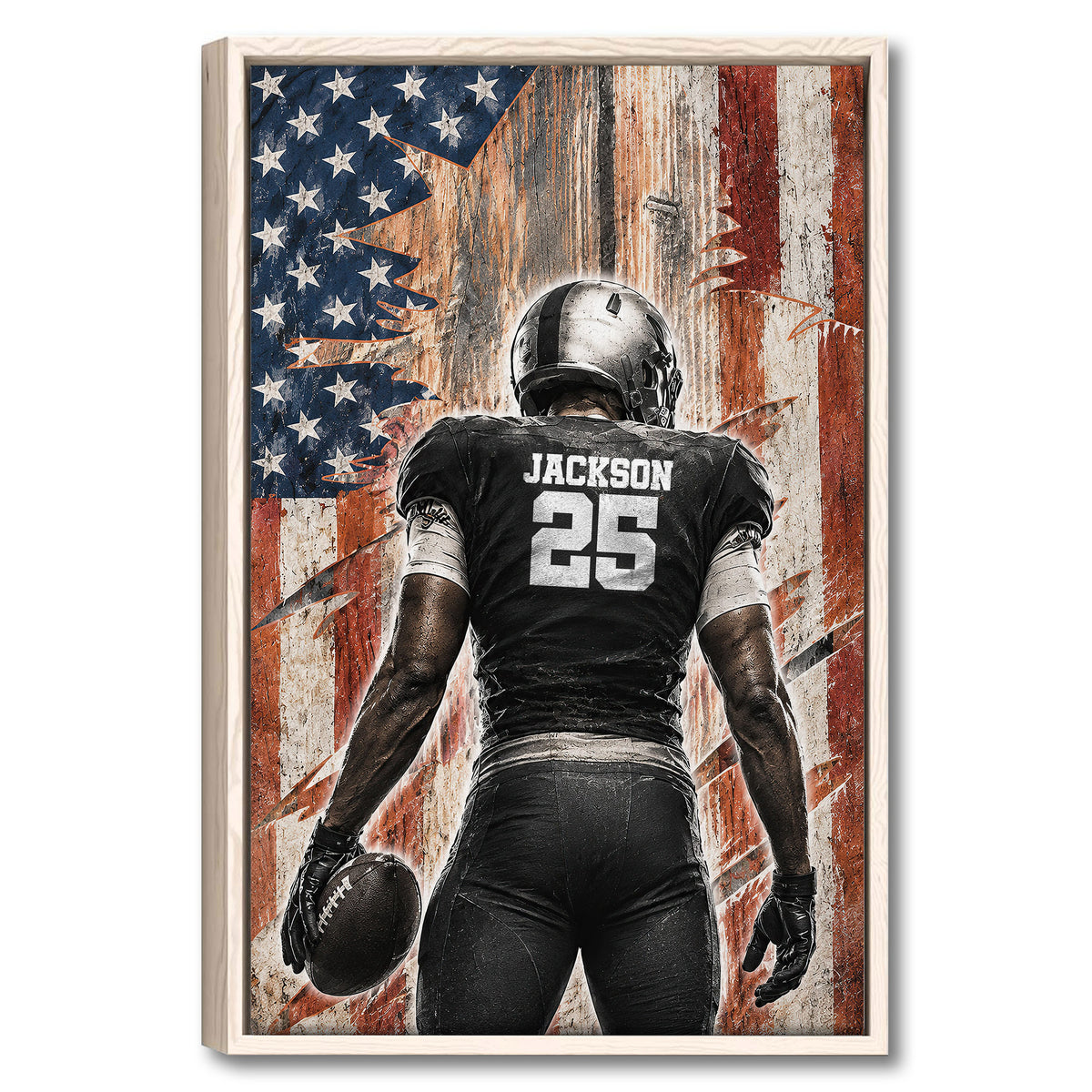 Framed football wall art featuring a player holding a football against a distressed American flag design