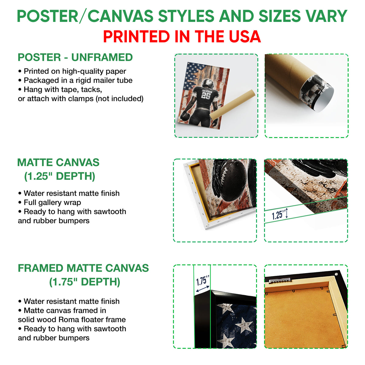 Poster, matte canvas and framed canvas options guide featuring football wall art formats