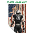Unframed football poster showing a helmeted player with a football against a patriotic flag background