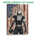 Matte canvas football wall art featuring a player and football in front of a distressed flag backdrop