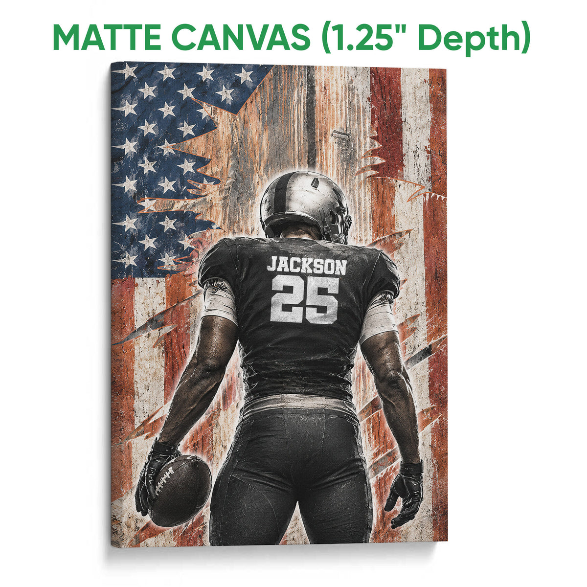 Matte canvas football wall art featuring a player and football in front of a distressed flag backdrop