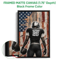 Black framed canvas football wall art with a close-up view of the football and frame depth