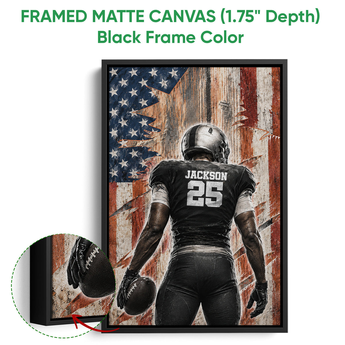Black framed canvas football wall art with a close-up view of the football and frame depth
