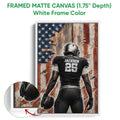 White framed canvas football wall art with a close-up view of the football and frame edge