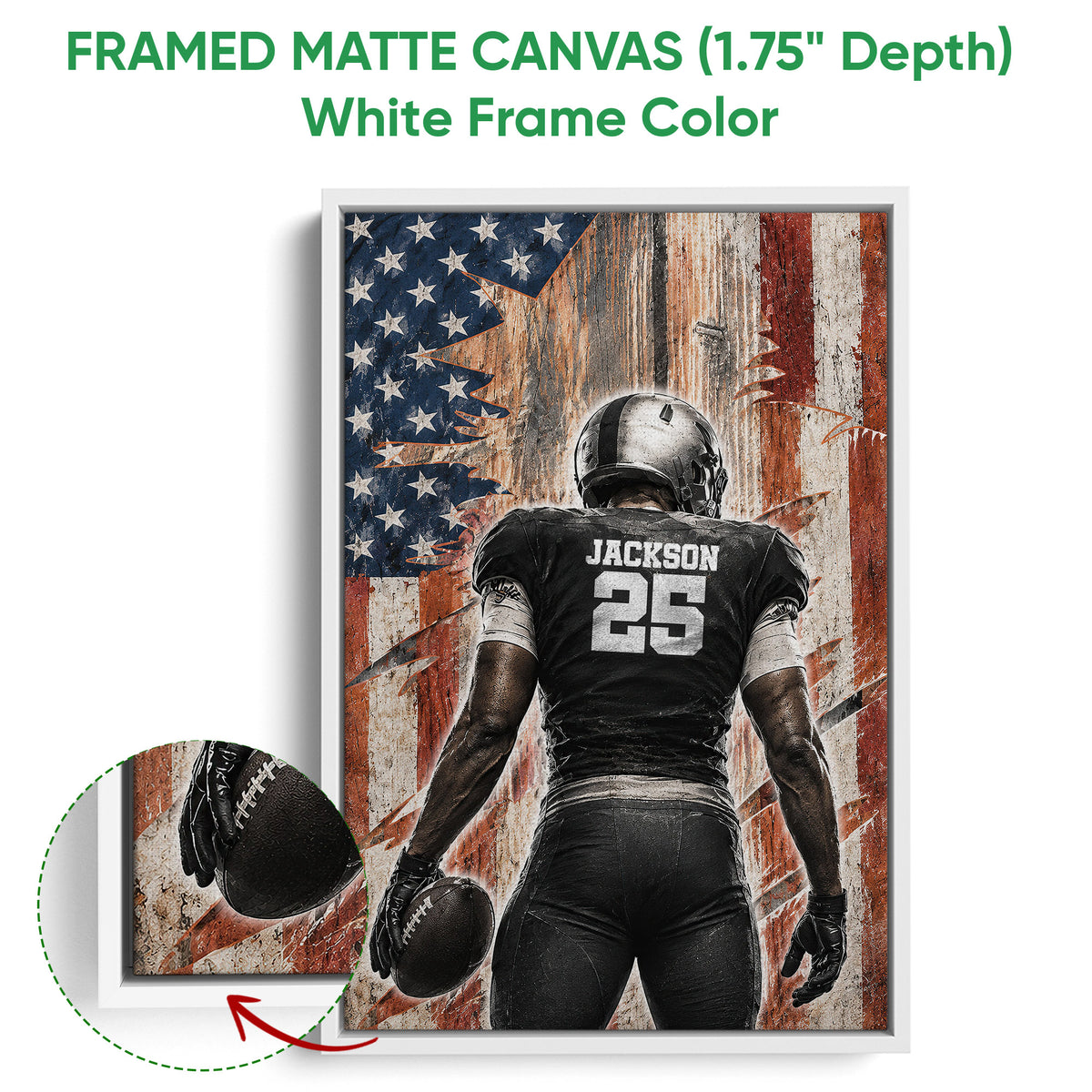 White framed canvas football wall art with a close-up view of the football and frame edge
