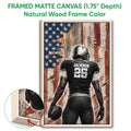 Natural wood framed football canvas showing a player with a football and a close-up frame detail