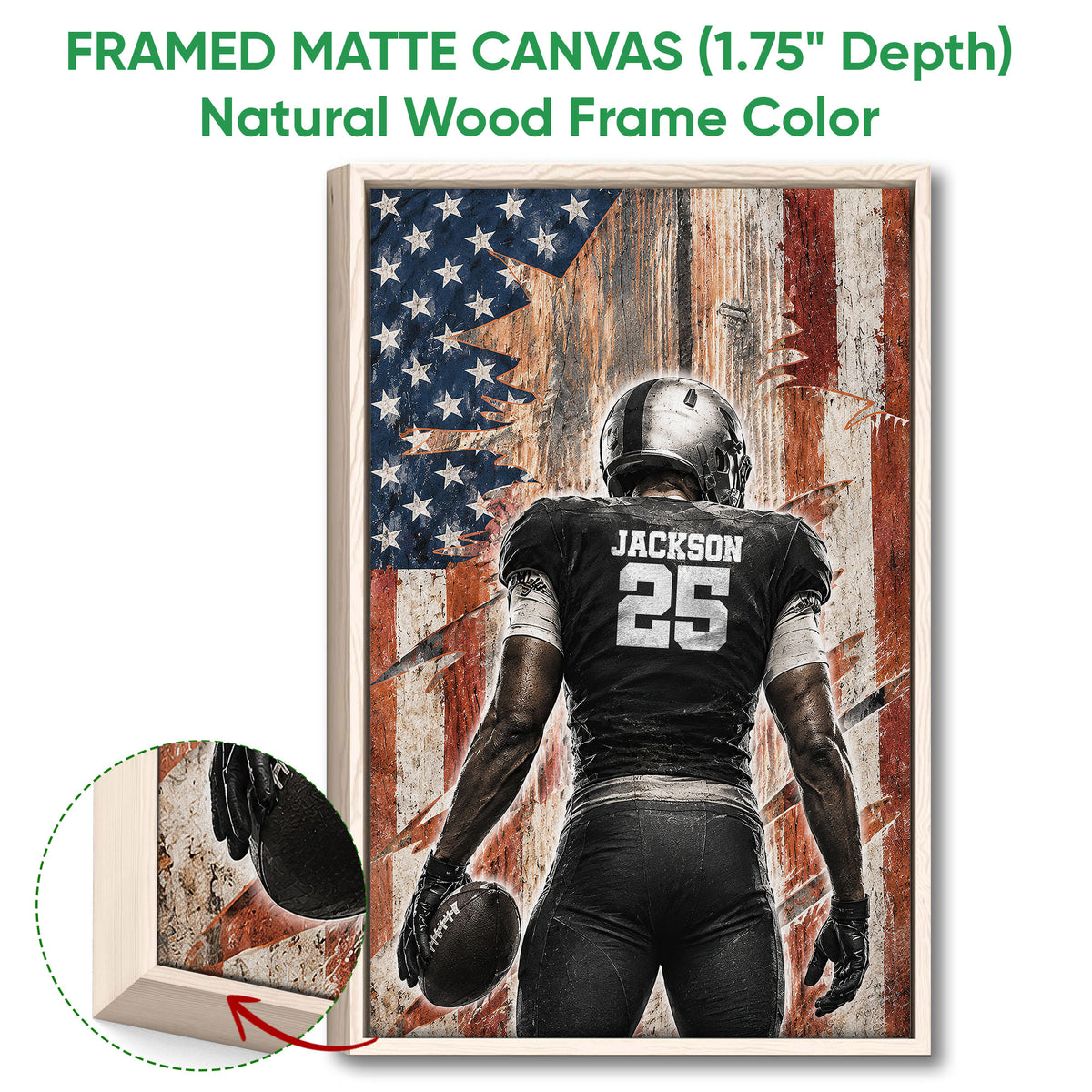 Natural wood framed football canvas showing a player with a football and a close-up frame detail