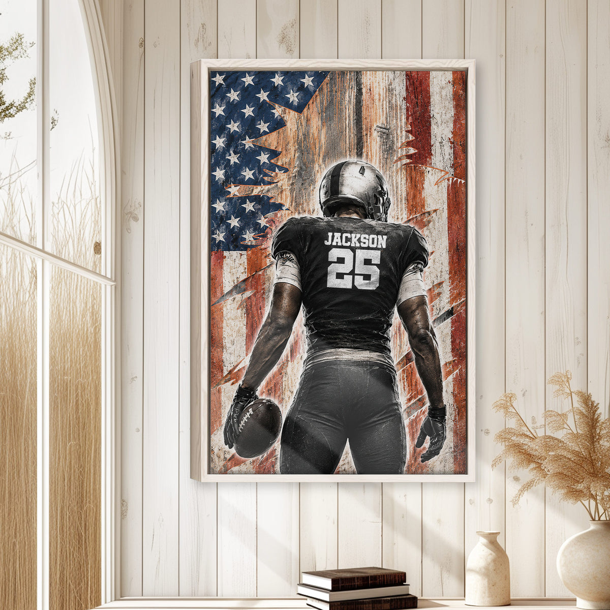 Football wall art displayed in a bright home with white wood paneling and neutral decor