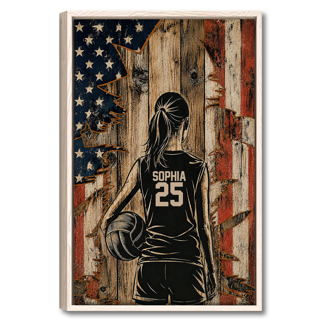 Framed volleyball wall art showing a player holding a ball against a distressed red, white, and blue backdrop